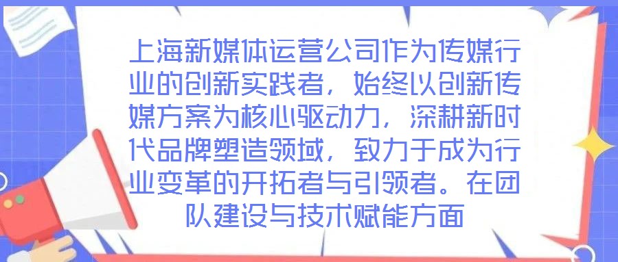 上海新媒體運營公司作為傳媒行業(yè)的創(chuàng)新實踐者，始終以創(chuàng)新傳媒方案為核心驅(qū)動力，深耕新時代品牌塑造領域，致力于成為行業(yè)變革的開拓者與引領者。在團隊建設與技術賦能方面