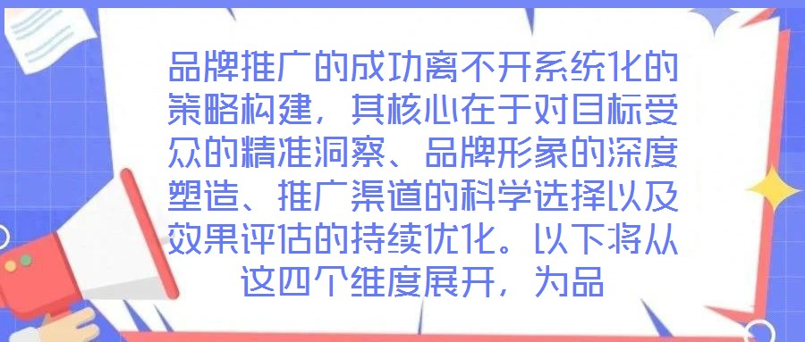 品牌推廣的成功離不開系統(tǒng)化的策略構(gòu)建，其核心在于對(duì)目標(biāo)受眾的精準(zhǔn)洞察、品牌形象的深度塑造、推廣渠道的科學(xué)選擇以及效果評(píng)估的持續(xù)優(yōu)化。以下將從這四個(gè)維度展開，為品