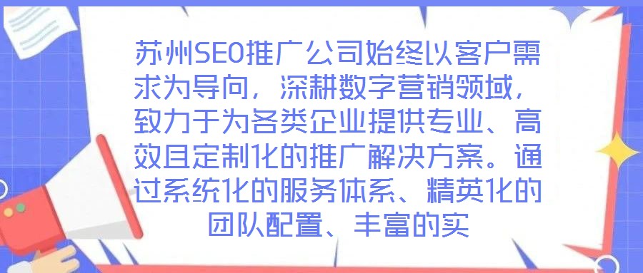 蘇州SEO推廣公司始終以客戶需求為導(dǎo)向，深耕數(shù)字營銷領(lǐng)域，致力于為各類企業(yè)提供專業(yè)、高效且定制化的推廣解決方案。通過系統(tǒng)化的服務(wù)體系、精英化的團隊配置、豐富的實